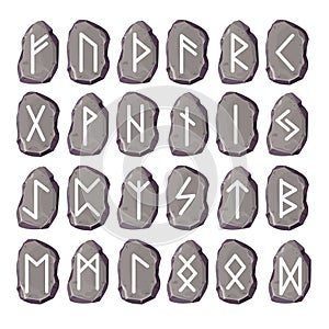 Rune stone set norse magic game symbols,sacred script in cartoon style isolated on white background. Collection