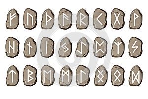 Rune stone set norse magic game symbols,sacred script in cartoon style isolated on white background. Collection