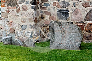 Rune stone from the viking ages, about a thousand years old, Uppsala, Sweden