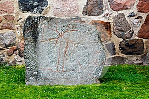 Rune stone from the viking ages, about a thousand years old, Uppsala, Sweden