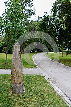 Rune stone from the viking ages, about a thousand years old, Uppsala, Sweden