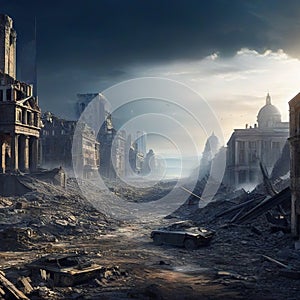 runed of city after war or disaster landscape scene created by
