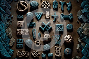 Runes, An ancient Germanic alphabet that is used for divination and magic. Mystic still life with stone runes. AI generative