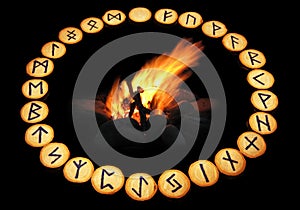 Runes around fire on black background