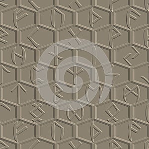 Runes. Magical runic letters 3d seamless pattern. Magic emboss signs and symbols. Honeycomb textured 3d background. Surface vector photo