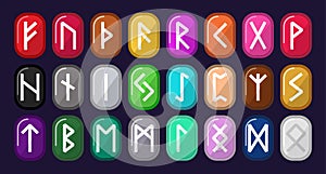 Runes. Multicolored stones with runic alphabet. Old Norse, Icelandic, German and Anglo-Saxon. Vector symbols. Sign, icon