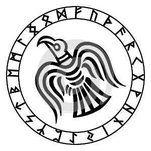 The runic circle. Futhark. Inscribed into the rune circle Odin`s Raven`s