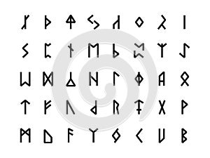 Runic hieroglyphics. Ancient nordic celtic alphabet with carved runes, old scandinavian sacred script letters germanic