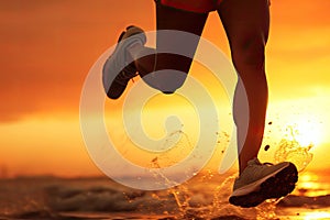 Runner athlete running at sunrise seaside. woman fitness jogging workout wellness concept, Running at the Beach, close up of leg,