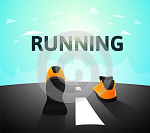 Runner athlete shoes on road, jog workout wellness concept