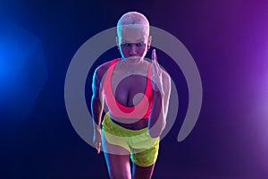 Runner banner with neon lights. Running template for ads design with copy space.