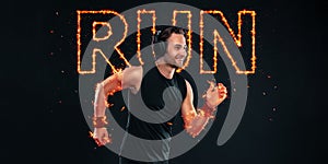 Runner concept. Sprinter run. Strong athletic man running on black background wearing in the sportswear. Fitness and