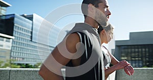Runner couple, outdoor and check smart watch for time, progress or target for workout, training and fitness. Man, woman