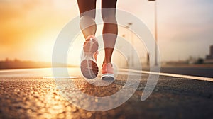 Runner feet running on road closeup on shoe. woman fitness sunrise jog workout wellness concept