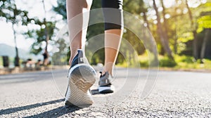 Runner feet running on road closeup on shoe. Woman fitness sunrise jog workout wellness concept. Young fitness woman runner athlet