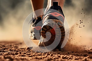 Runner feet running on sand track closeup. Sport and healthy lifestyle concept, Rear view closeup sport shoe of racer in running