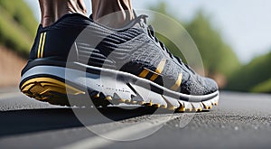 runner feet standing on road closeup on shoe