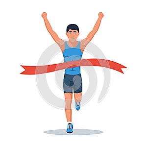Runner at the finish line. Sprinting athlete at the finish with a winning tape.