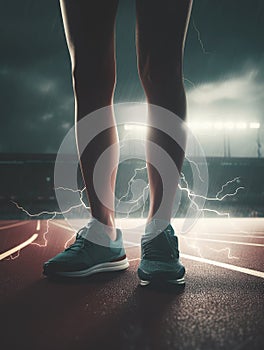 Runner foot on running track with Spark electric lightning on the ground.