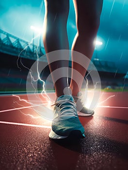 Runner foot on running track with Spark electric lightning on the ground, Generative AI.