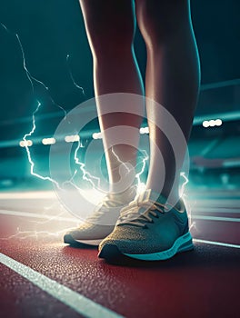 Runner foot on running track with Spark electric lightning on the ground.