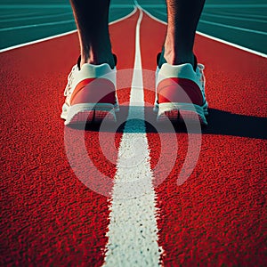 Runner foot standing on a running track getting ready to exercise.