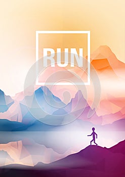 Runner on Geometric Mountain Background - Vector Illustration