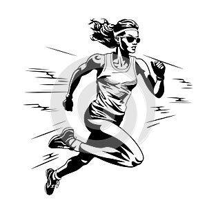 Runner girl emblem sketch hand drawn Vector illustration Sports competition