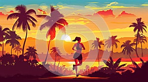 The runner girl on the palm road at sunset. Tropical summer landscape modern background. Female sports on street