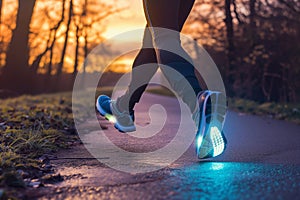 runner with glowing sneakers on predawn path