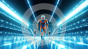 runner man with blue lights running through an electronic tunnel. Generative AI