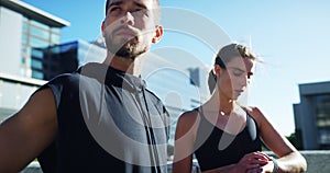 Runner man, woman and smart watch for time, progress or target for workout, training and fitness in city. Couple