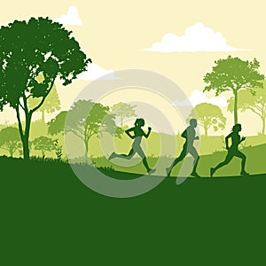 Runner marathon in the forest nature silhouette vector illustration