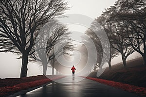 Runner out for a jog in a park on a misty autumn morning