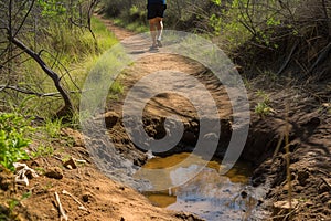 runner pausing to inspect a small sinkhole on a dirt trail