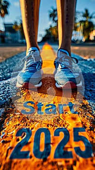 Runner poised at the starting line marked Start 2025, metaphorically capturing the beginning of a new year filled with goals and