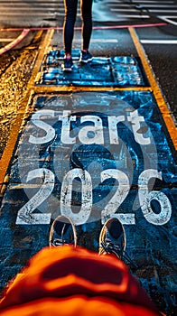 Runner poised at the starting line marked Start 2026, metaphorically capturing the beginning of a new year filled with goals and