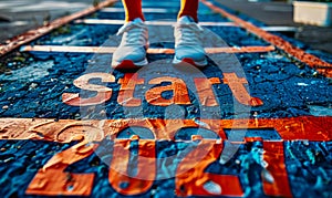 Runner poised at the starting line marked Start 2027, metaphorically capturing the beginning of a new year filled with goals and