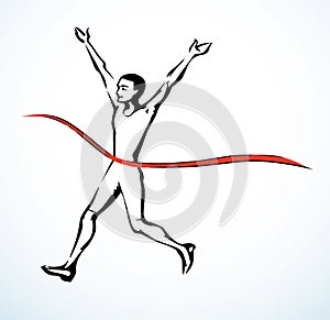 Runner rips the finish line. Vector drawing