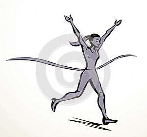 Runner rips the finish line. Vector drawing