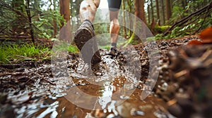 Runner running through dirty puddle splashing mud, cross country trail