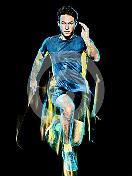 Runner running jogger jogging man isolated light painting black background