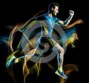 Runner running jogger jogging man isolated light painting black background