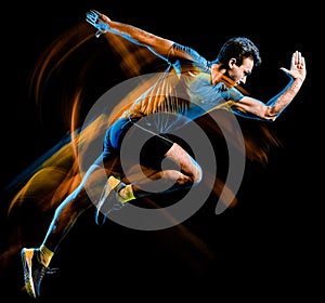 Runner running jogger jogging man isolated light painting black background