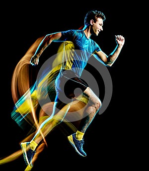 Runner running jogger jogging man isolated light painting black background