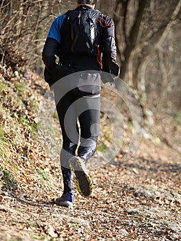 runner runs on the path in the forest