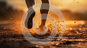 Runner\'s Feet on Dirt Path Sunset