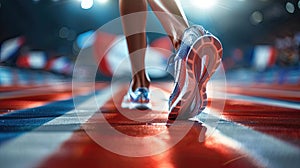 A runner's foot is shown on a track with a red and white background