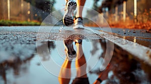 Runner\'s legs in motion, splashing water on wet pavement, reflecting early morning light