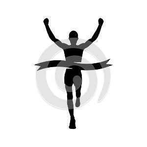 Runner silhouette. Sprinting athlete at finish with a winning tape.